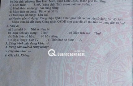 Bán đất kiệt K884 Nguyễn Lương Bằng - Liên Chiểu, TP Đà Nẵng